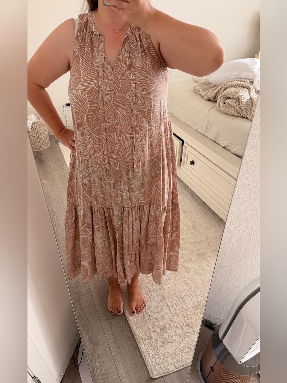 Prologue Sleeveless Tiered Midi Dress in Dusty Rose with Cream Leaf Print